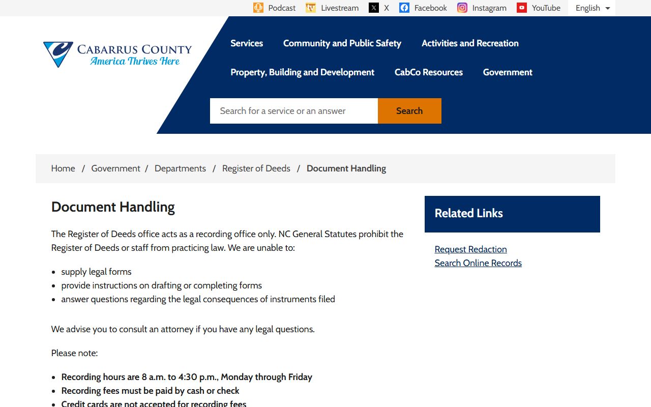Cabarrus County Clerk records Register document handling warning