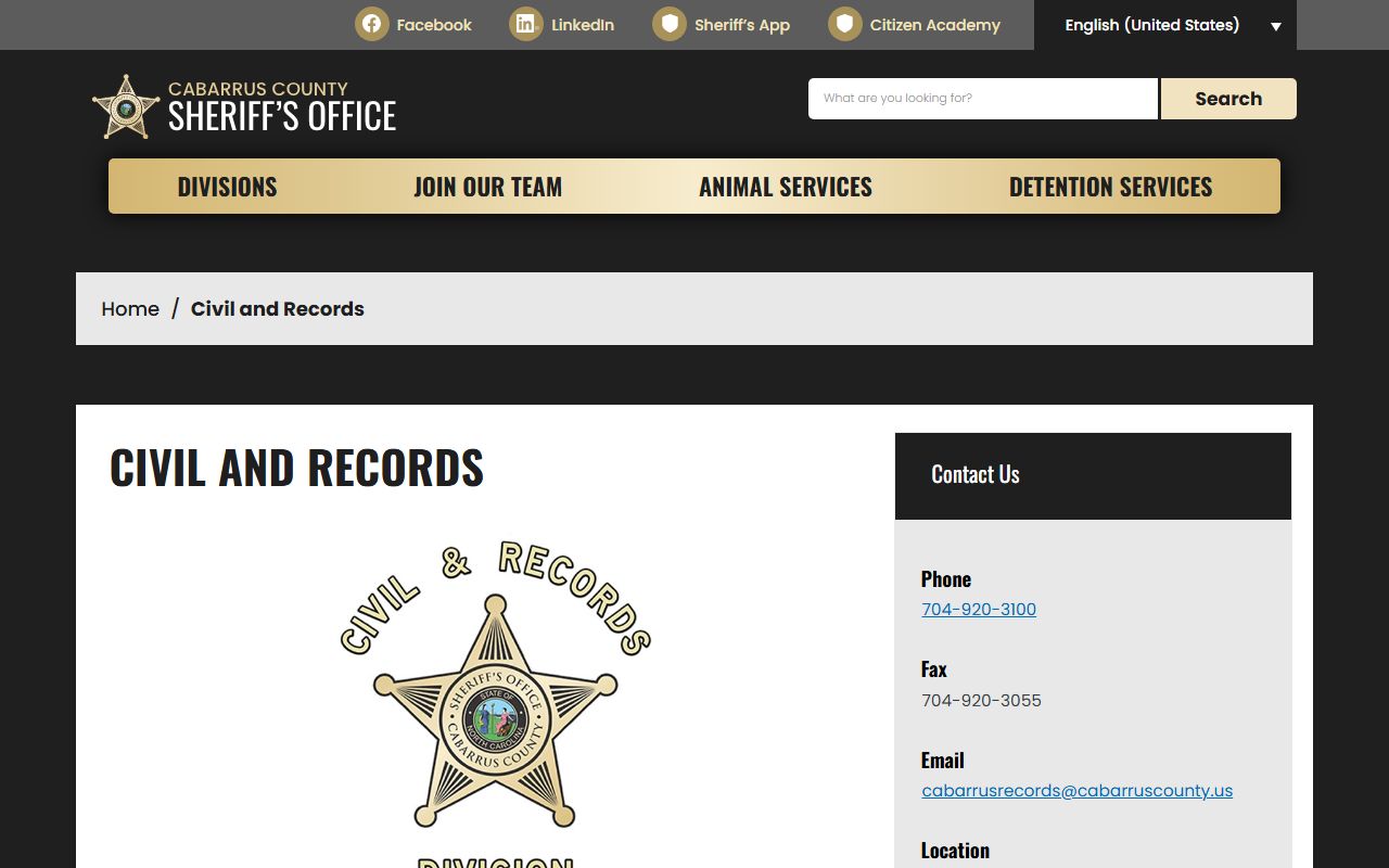 Cabarrus County arrest records Sheriff Civil and Records