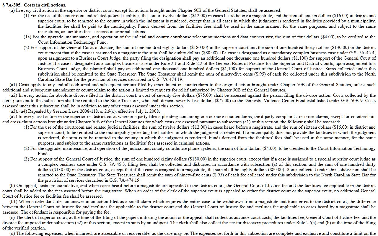 Cabarrus County district court North Carolina court cost statute