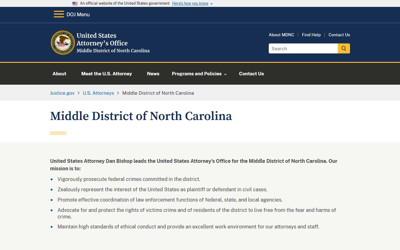 Cabarrus County district court U.S. Attorney Middle District distinction