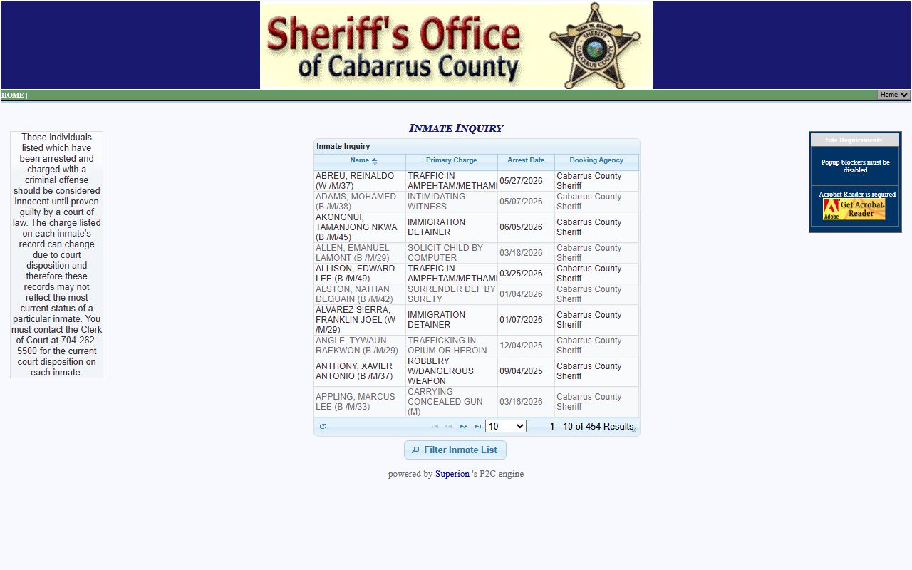 Cabarrus County inmate search P2C inmate inquiry