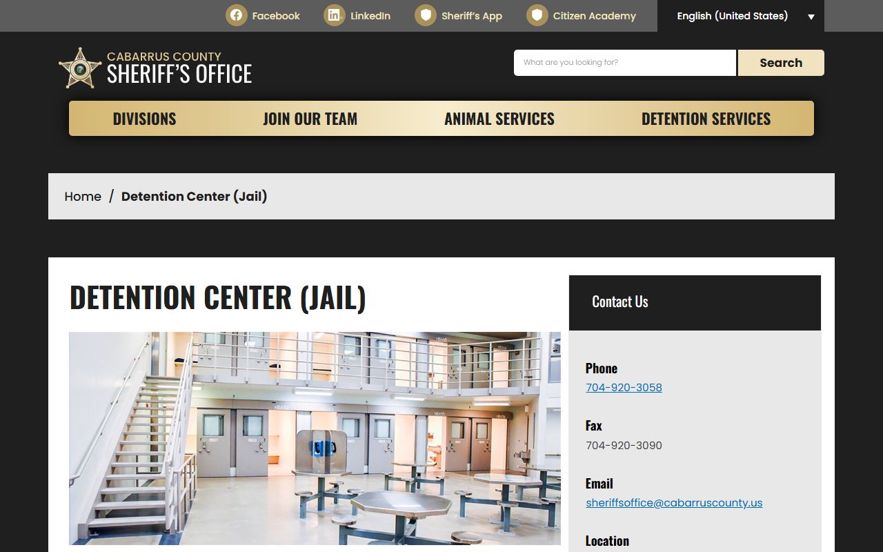 Cabarrus County inmate records Detention Center page