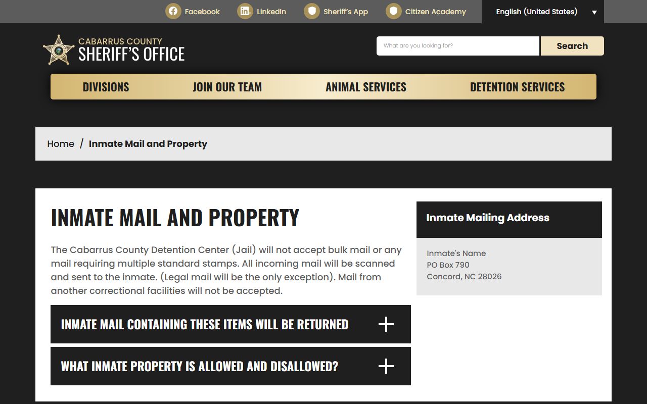 Cabarrus County inmate mail and property rules