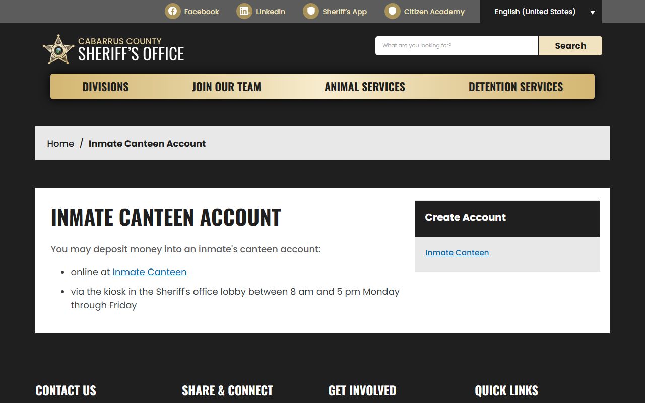 Cabarrus County inmate canteen account deposits