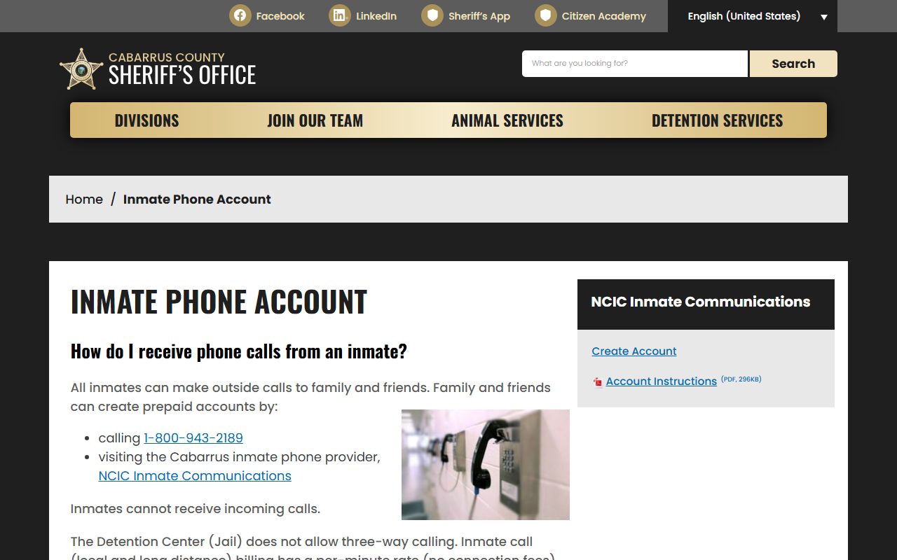 Cabarrus County inmate phone account NCIC rates