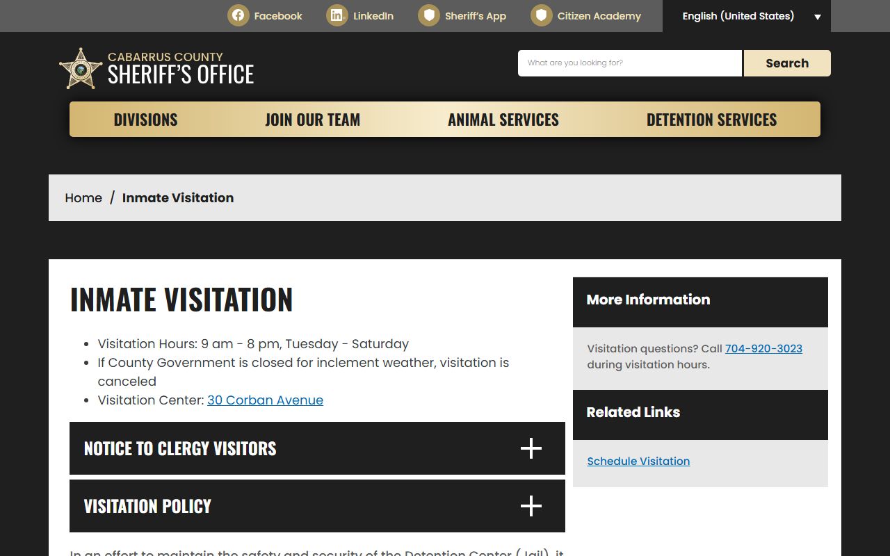 Cabarrus County inmate visitation schedule and rules