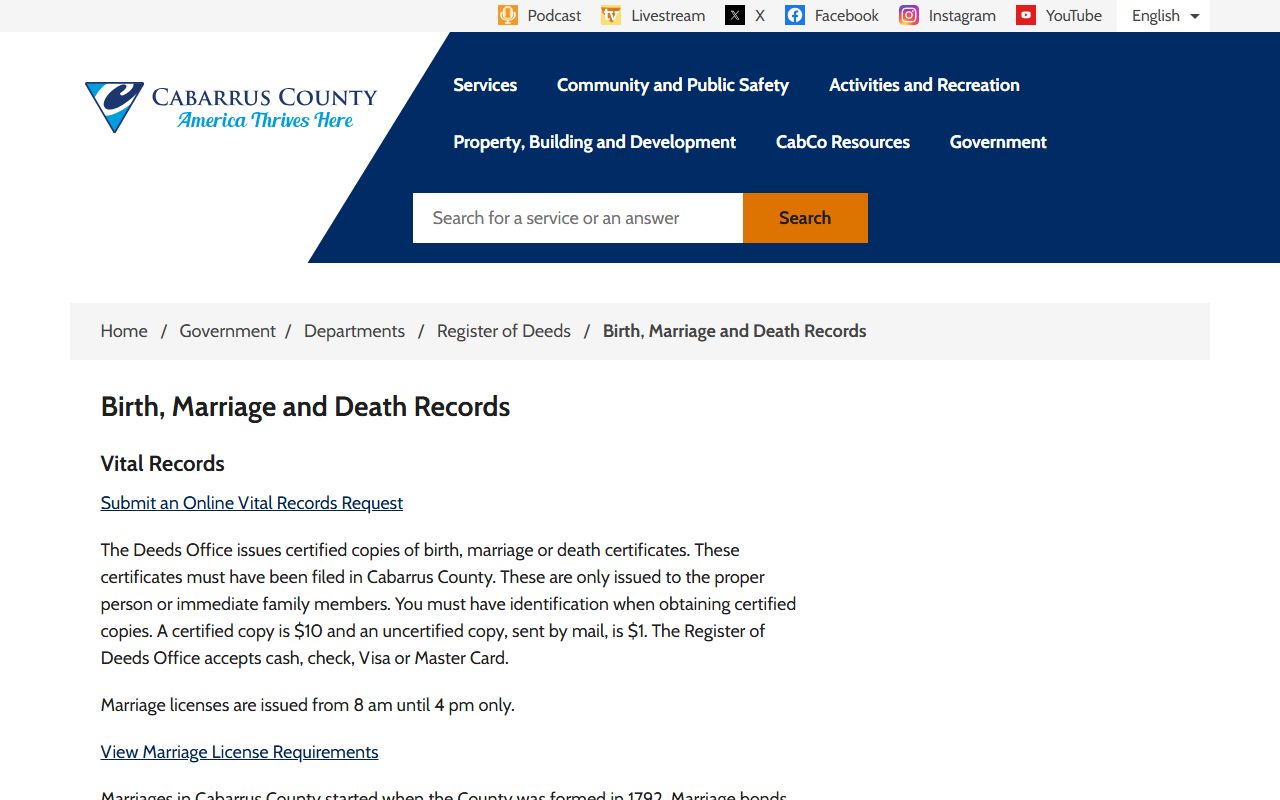 Cabarrus County marriage records birth marriage and death records
