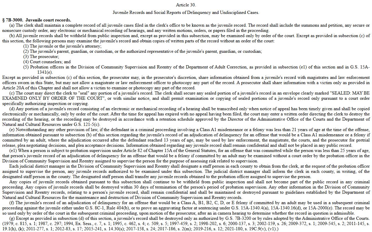 Cabarrus County probate records juvenile court record statute