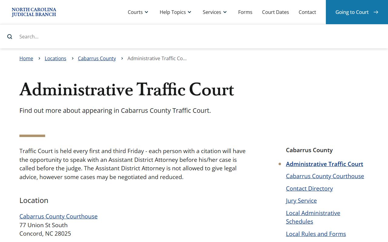 Cabarrus County traffic court records Administrative Traffic Court schedule