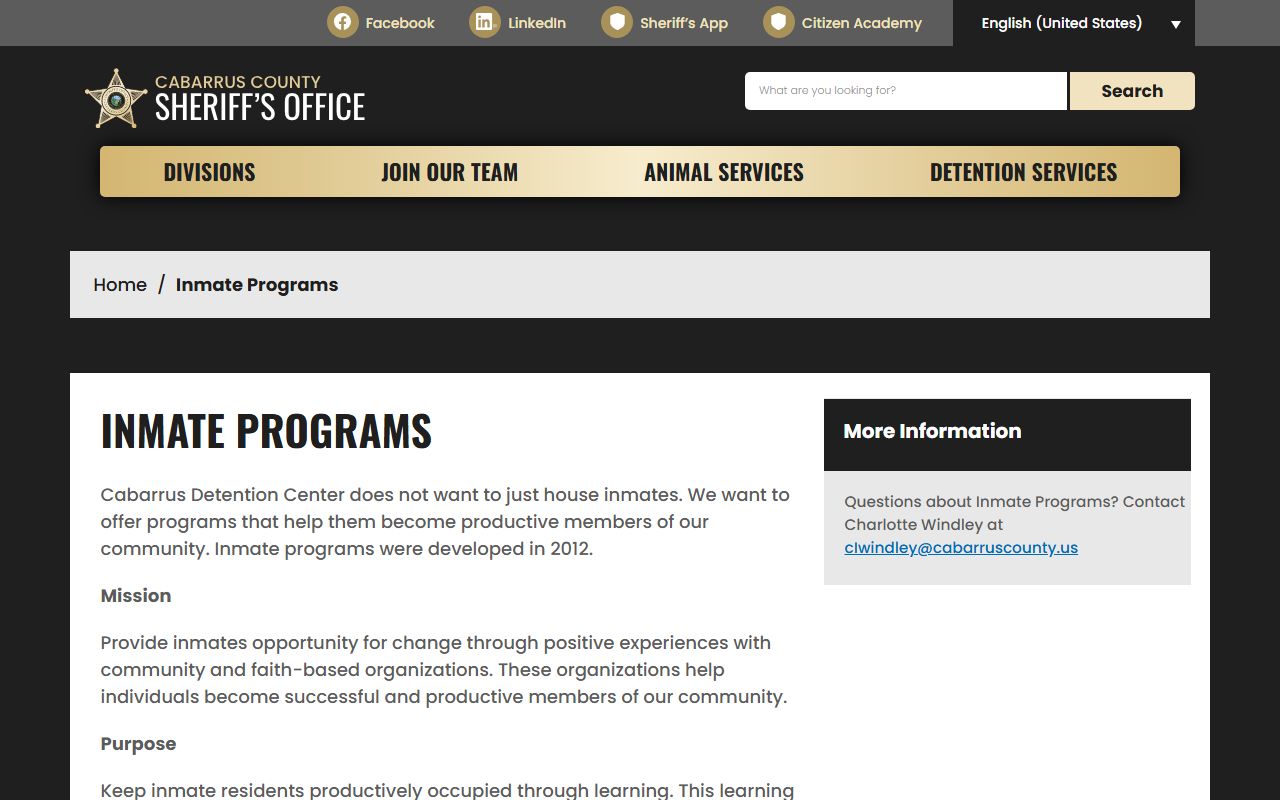 Cabarrus County warrant records jail programs context