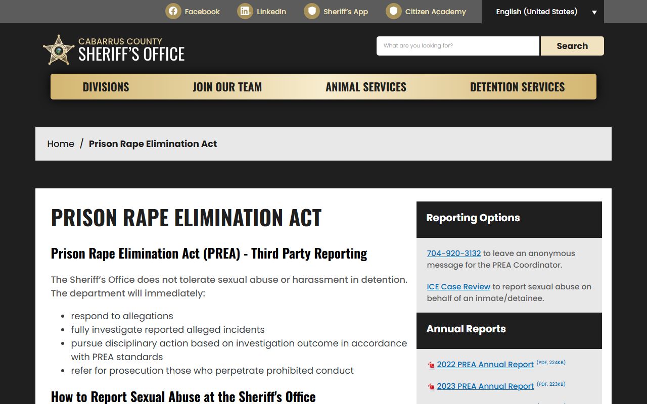 Cabarrus County warrant records PREA detention reporting context